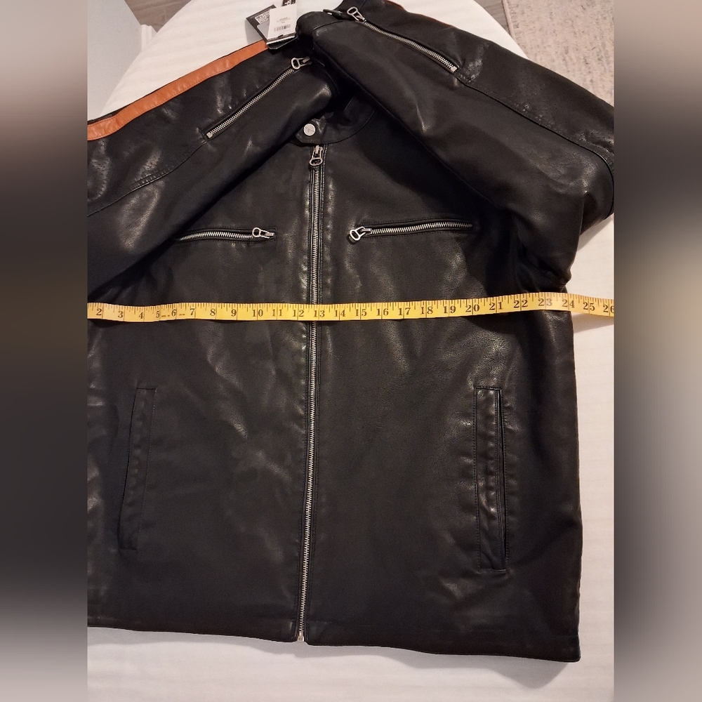 Men's Black Faux Leather Jacket with Striped Sleeves Size XL - Picture 14 of 16